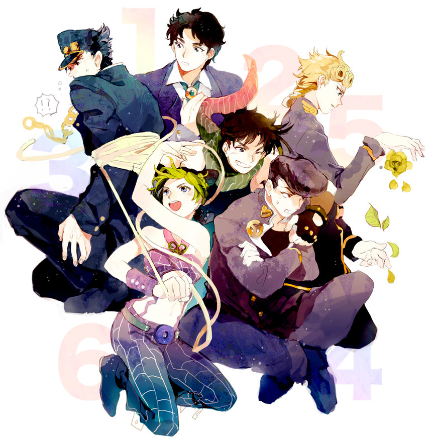 joseph joestar, kujo jotaro, kujo jolyne, giorno giovanna, jonathan joestar, and 1 more (jojo no kimyou na bouken and 6 more) drawn by gomosawa