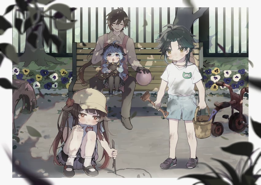 ganyu, hu tao, zhongli, xiao, and boo tao (genshin impact) drawn by hoshiyui_tsukino