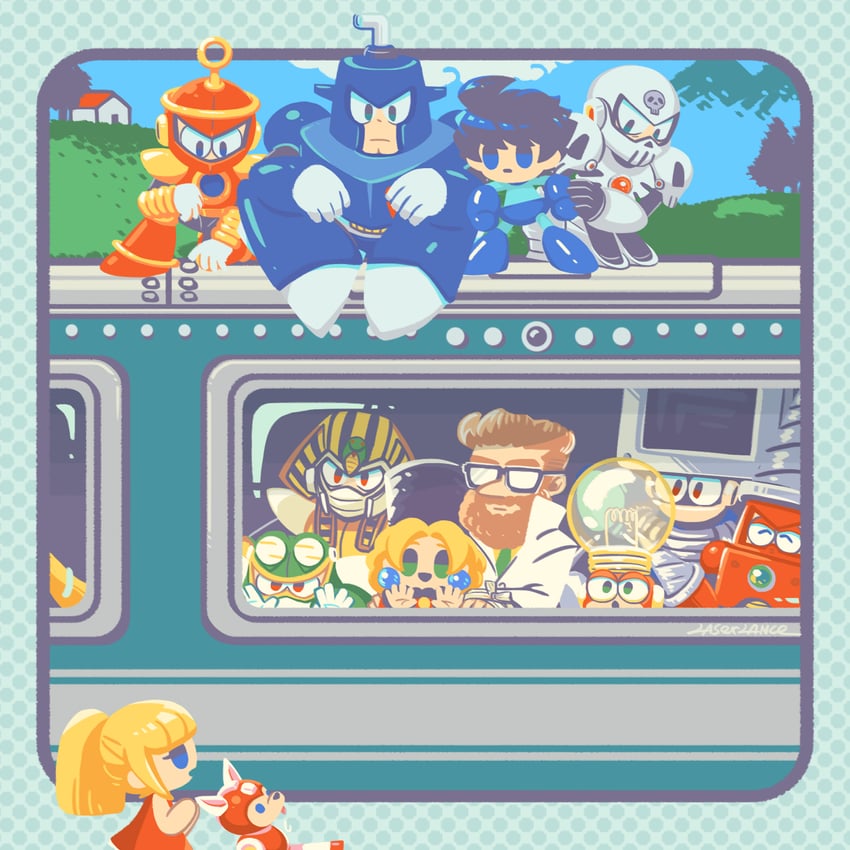 roll, mega man, rush, kalinka cossack, skull man, and 8 more (mega man and 1 more) drawn by laser-lance