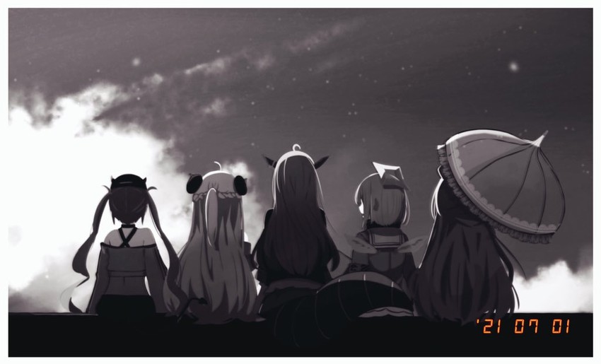 tokoyami towa, amane kanata, kiryu coco, tsunomaki watame, and himemori luna (hololive) drawn by okota_mikan