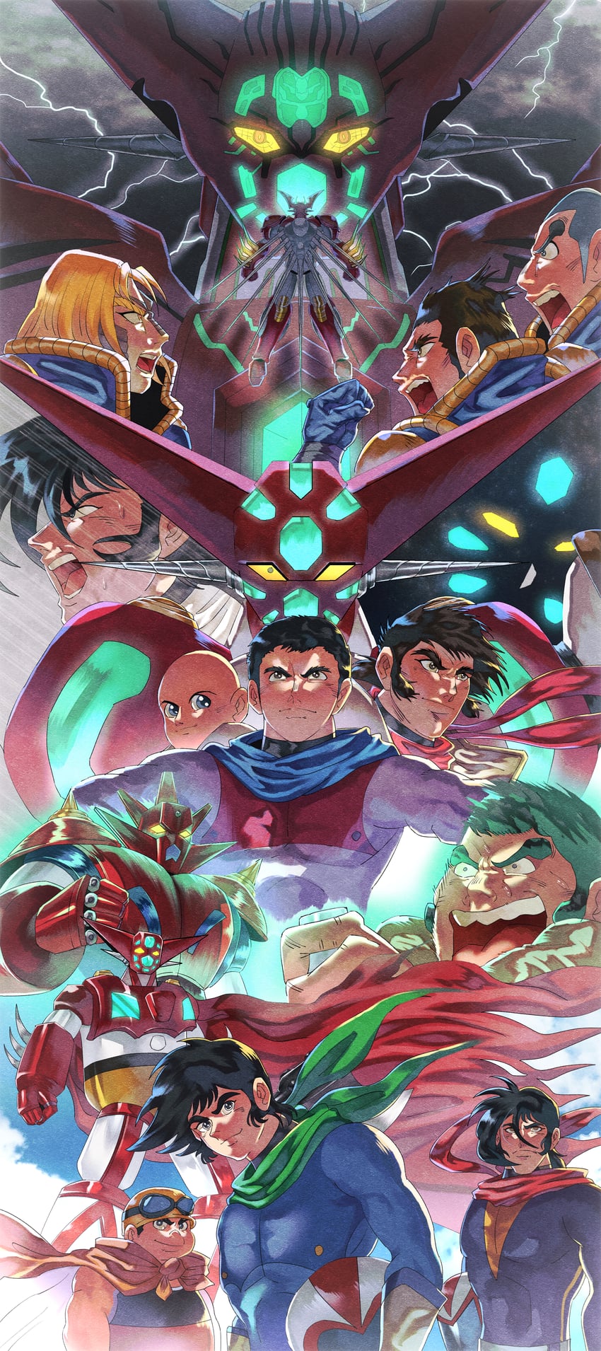 nagare ryoma, getter-1, shin getter-1, jin hayato, getter dragon, and 8 more (getter robo and 4 more) drawn by slllle1