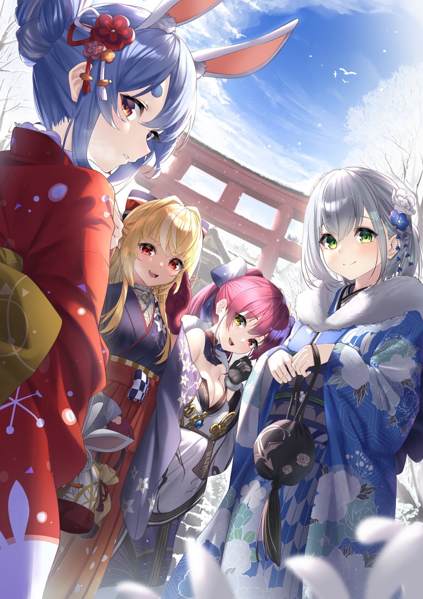 houshou marine, shirakami fubuki, usada pekora, shirogane noel, and shiranui flare (hololive) drawn by tsurupy