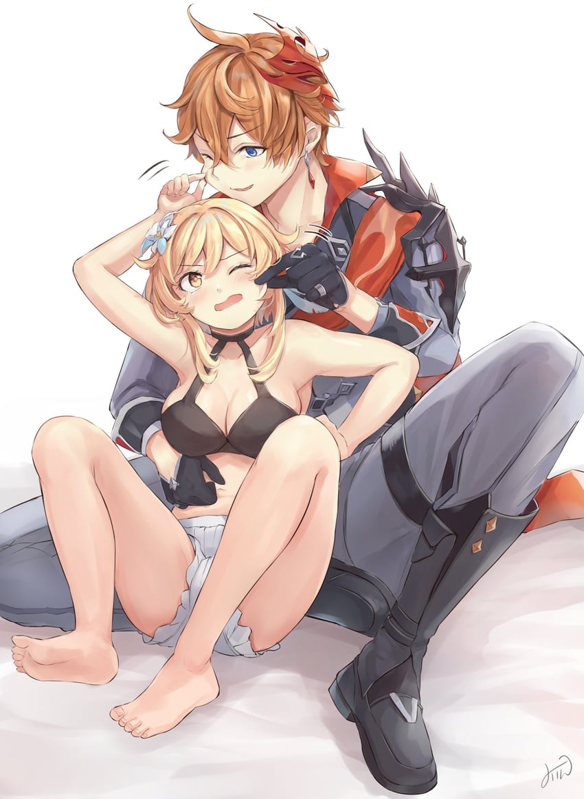 lumine and tartaglia (genshin impact) drawn by mirin_pengin