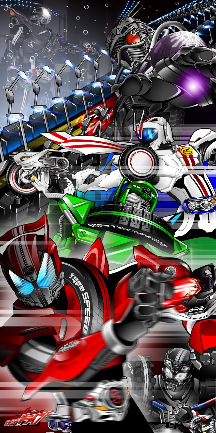 kamen rider drive, kamen rider mach, mashin chaser, and kamen rider protodrive (kamen rider and 1 more) drawn by kameren
