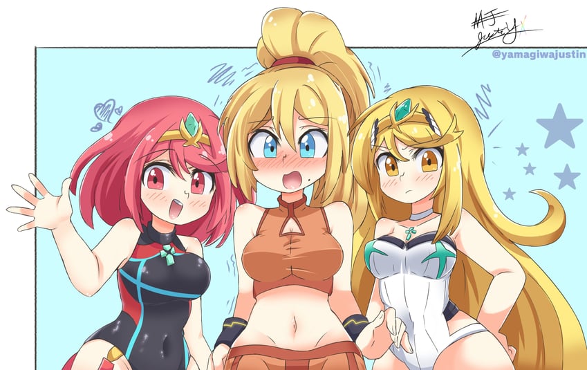 samus aran, pyra, and mythra (xenoblade chronicles and 3 more) drawn by yamagiwajustin