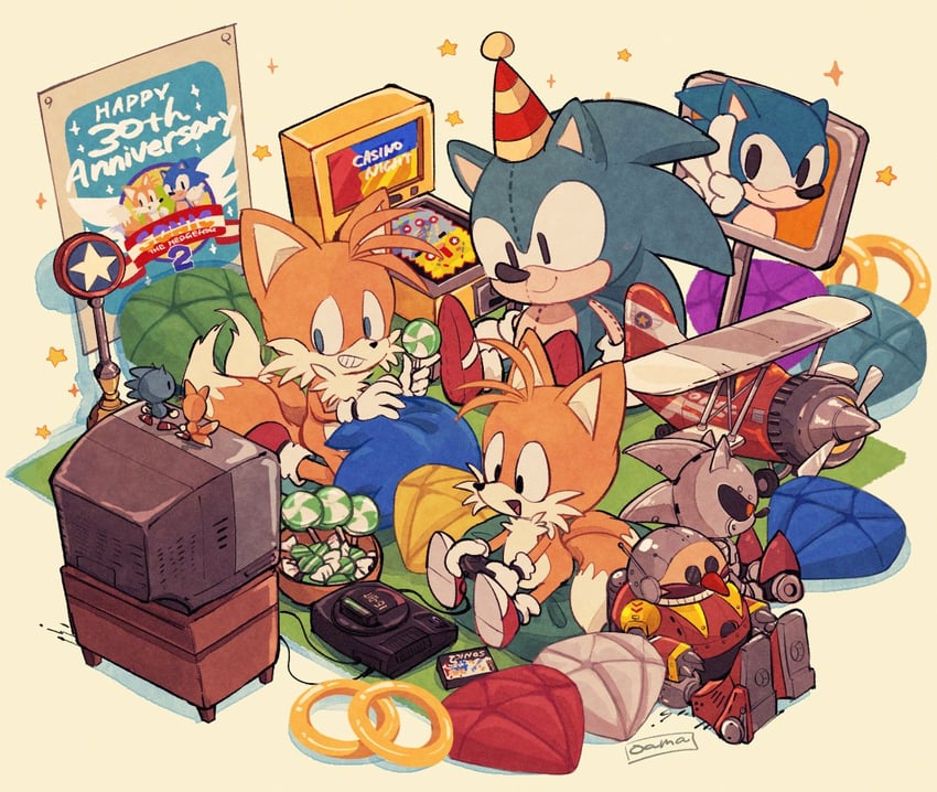sonic the hedgehog, tails, metal sonic, mecha sonic mki, and death egg robot (sonic and 3 more) drawn by amazou