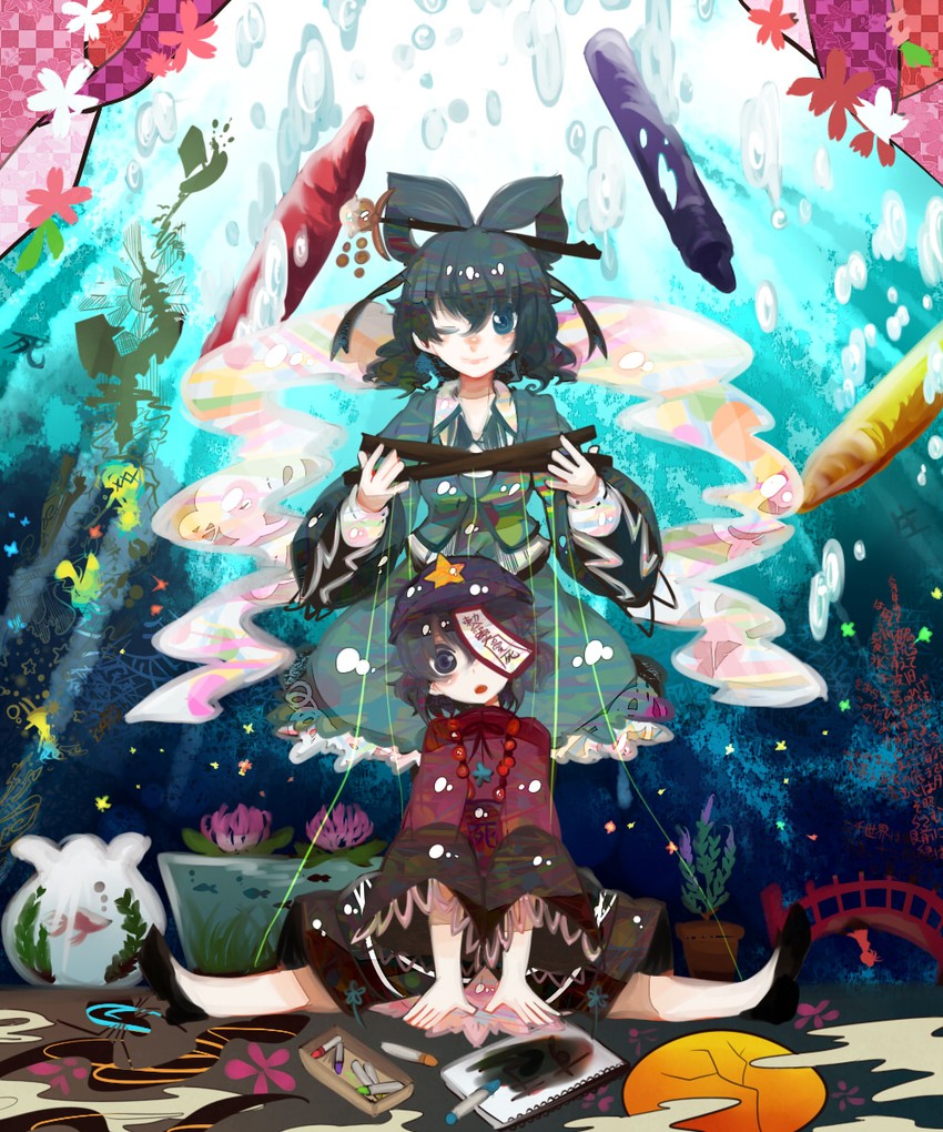 toyosatomimi no miko, mononobe no futo, kaku seiga, miyako yoshika, and soga no tojiko (touhou) drawn by itomugi-kun