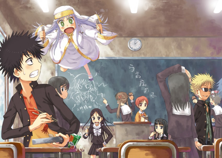misaka mikoto, shirai kuroko, kamijou touma, index, uiharu kazari, and 5 more (toaru majutsu no index and 1 more) drawn by yamamoto_shima