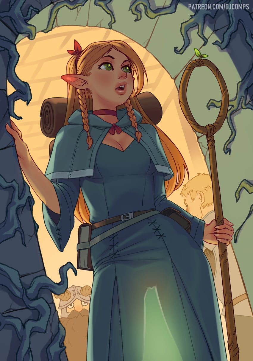 marcille donato, laios touden, and senshi (dungeon meshi) drawn by djcomps