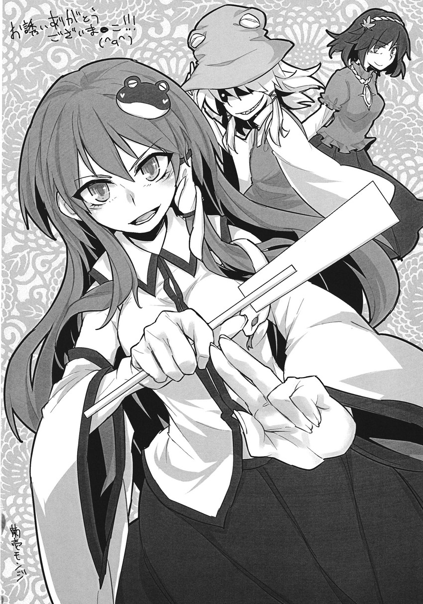 kochiya sanae, moriya suwako, and yasaka kanako (touhou) drawn by aono3, kikuichi_monji, and mirro