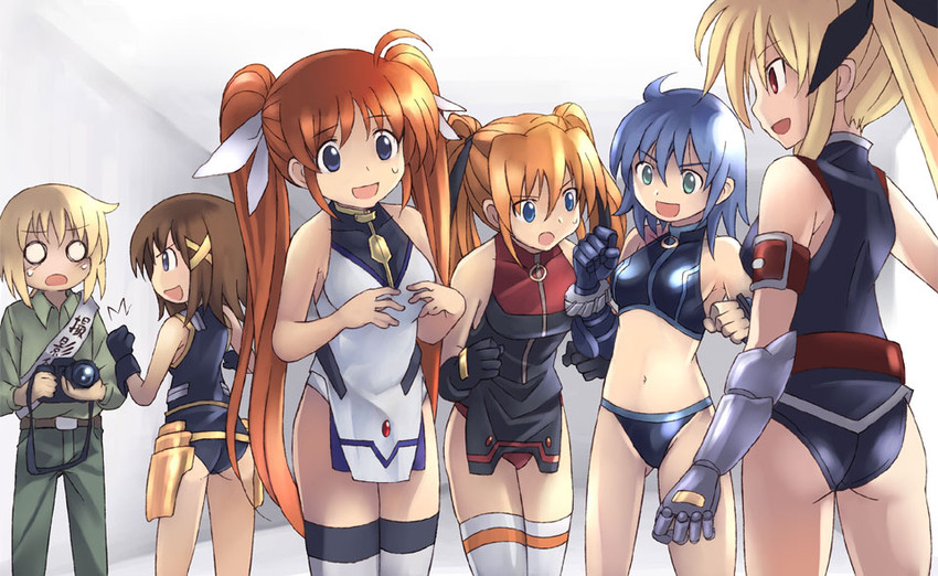 fate testarossa, takamachi nanoha, yagami hayate, subaru nakajima, teana lanster, and 1 more (lyrical nanoha and 1 more) drawn by kouno_hikaru