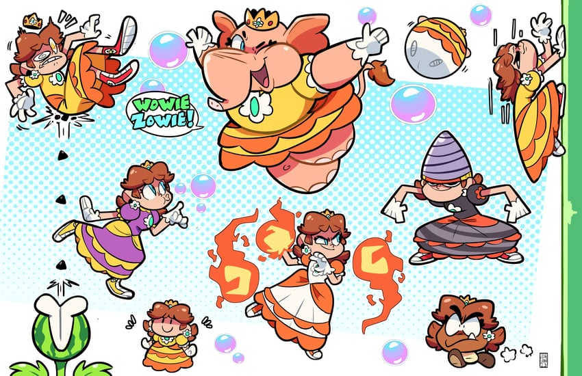 princess daisy, goomba, fire daisy, drill daisy, elephant daisy, and 4 more (mario and 1 more) drawn by joshdamn23