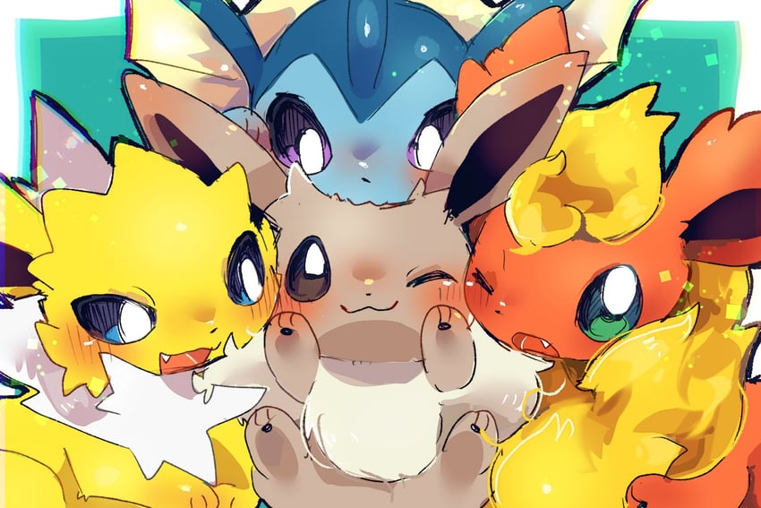 eevee, vaporeon, flareon, and jolteon (pokemon) drawn by reruponzu
