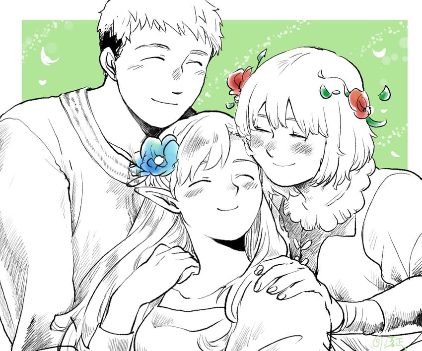 marcille donato, falin touden, and laios touden (dungeon meshi) drawn by rakka_(gerakudq1196)