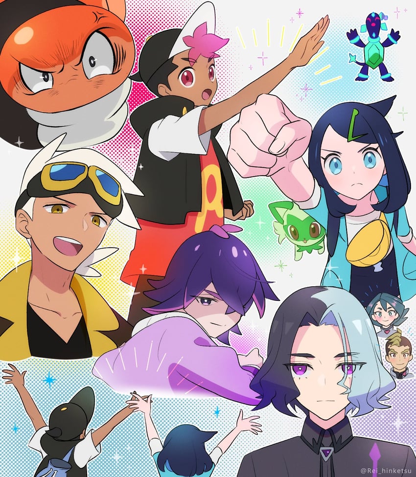sprigatito, liko, dot, roy, tatsugiri, and 5 more (pokemon and 1 more) drawn by rei_hinketsu
