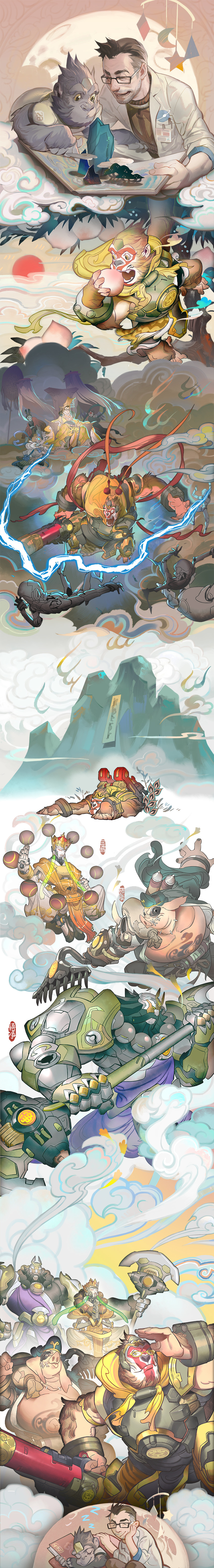 sun wukong, reinhardt, tang sanzang, zhu bajie, sha wujing, and 9 more (overwatch and 2 more) drawn by shishio_(shishio5431)