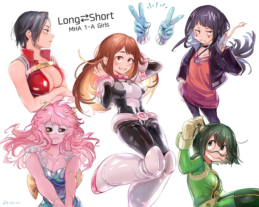 uraraka ochaco, asui tsuyu, yaoyorozu momo, ashido mina, jiro kyoka, and 1 more (boku no hero academia) drawn by anezu