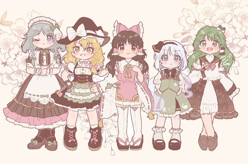 hakurei reimu, kirisame marisa, izayoi sakuya, kochiya sanae, and konpaku youmu (touhou) drawn by sakurasaka