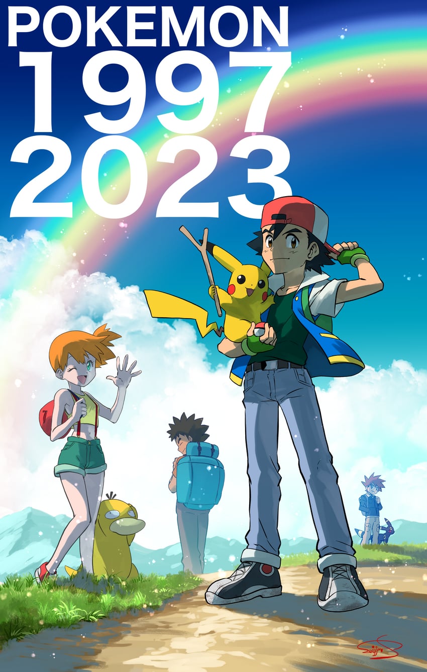 pikachu, ash ketchum, misty, umbreon, psyduck, and 2 more (pokemon and 1 more) drawn by seijun