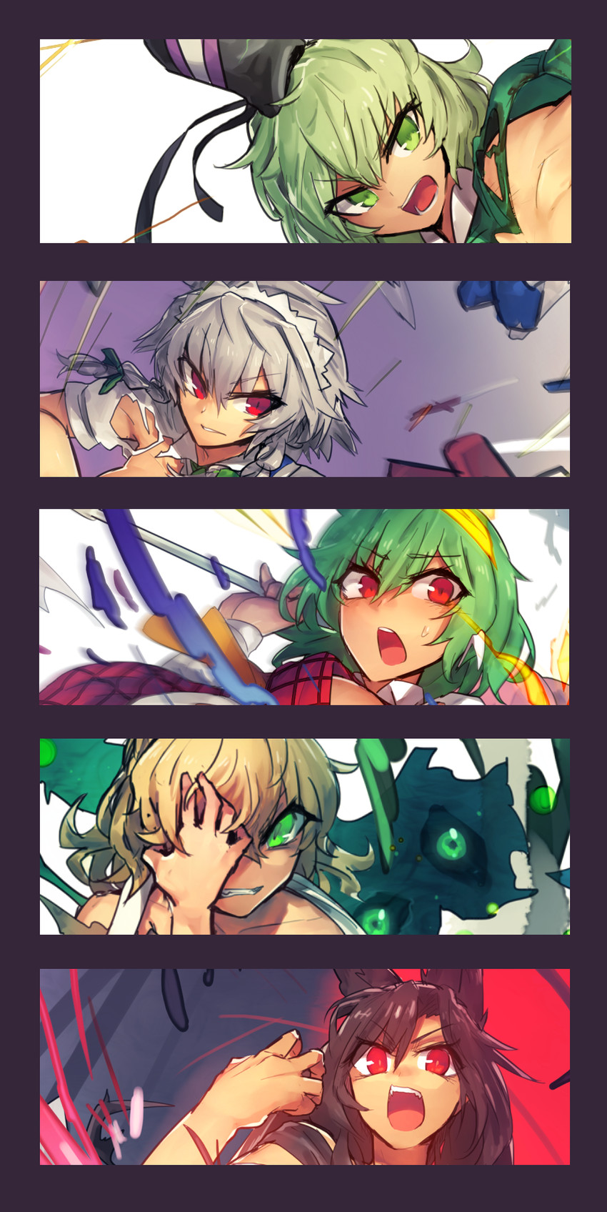 izayoi sakuya, kazami yuuka, mizuhashi parsee, imaizumi kagerou, and soga no tojiko (touhou) drawn by melon22