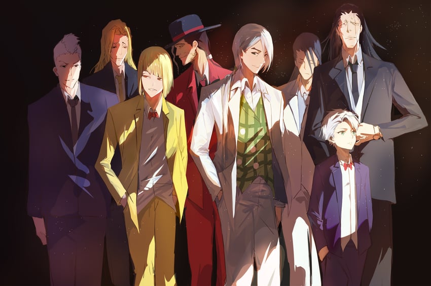 hitsugaya toushirou, hirako shinji, kuchiki byakuya, zaraki kenpachi, kyouraku shunsui, and 3 more (bleach) drawn by zzz_zhi_he