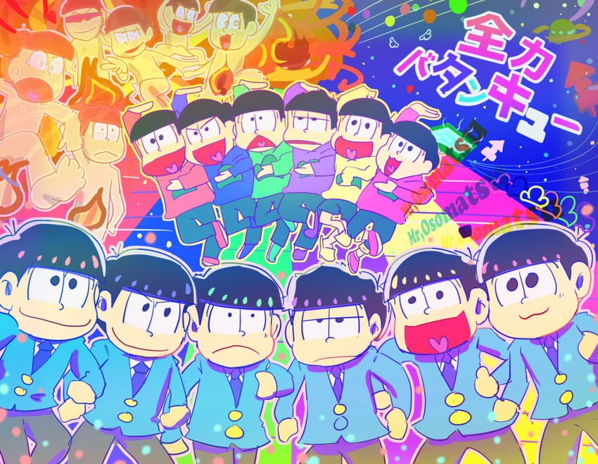 matsuno osomatsu, matsuno karamatsu, matsuno ichimatsu, matsuno jyushimatsu, matsuno choromatsu, and 1 more (osomatsu and 2 more) drawn by tsuzuri_(akarakasu)