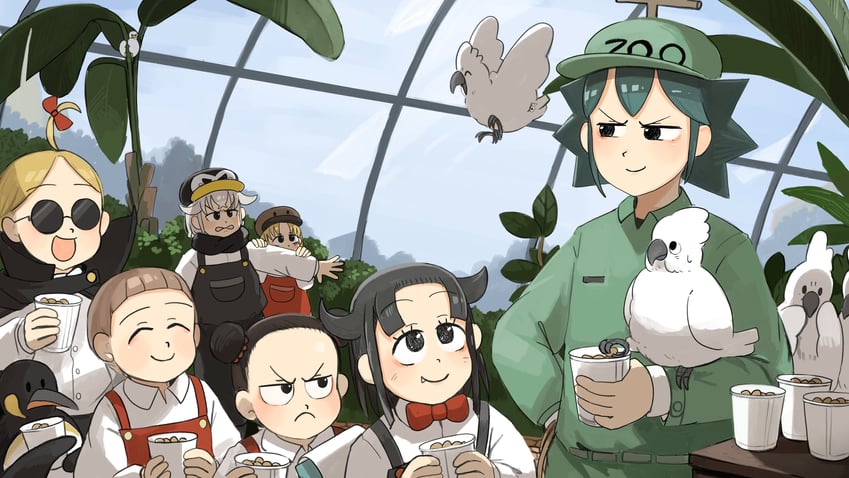penguin keeper, survey girl, penguin fan, bob cut twin, parrot keeper, and 2 more (zookeepers) drawn by diva_(hyxpk)