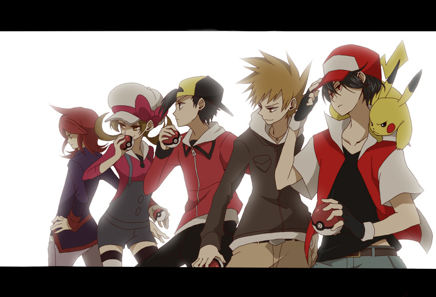 pikachu, red, ethan, blue oak, lyra, and 2 more (pokemon and 2 more) drawn by sei_(shinkai_parallel)