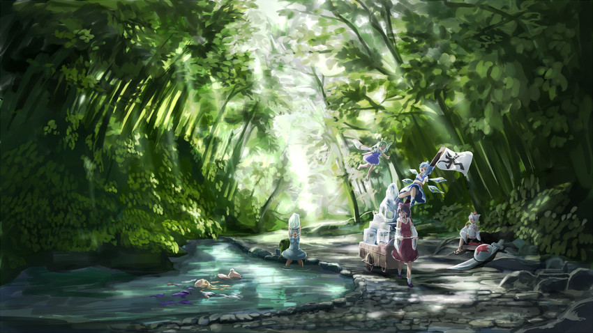 hakurei reimu, cirno, inubashiri momiji, moriya suwako, kawashiro nitori, and 1 more (touhou) drawn by aki_biko_(aki_no_sanroku)