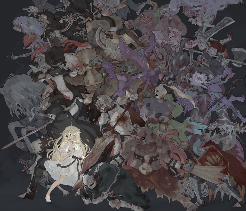 lily, umbral knight, ulv the mad knight, guardian siegrid, knight captain julius, and 5 more (ender lilies quietus of the knights) drawn by sunopon
