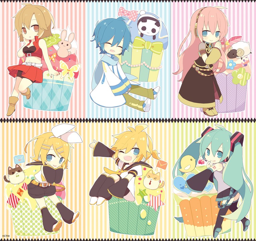 hatsune miku, kagamine rin, kagamine len, megurine luka, kaito, and 1 more (vocaloid) drawn by yoshiki