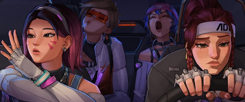 d.va, tracer, kiriko, and brigitte (overwatch) drawn by breikka