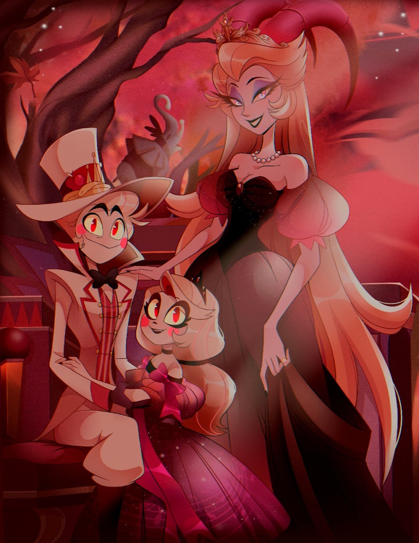 lucifer morningstar, charlie morningstar, and lilith (hazbin hotel) drawn by chandllucky