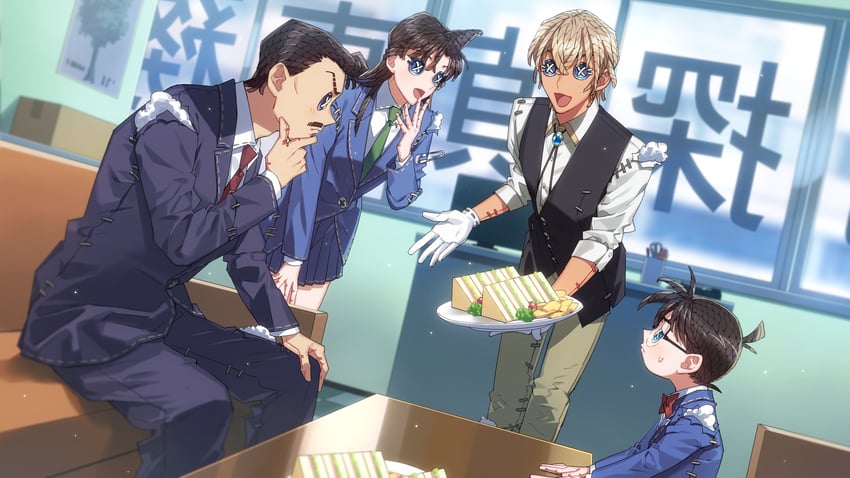 edogawa conan, amuro tooru, mouri ran, and mouri kogoro (meitantei conan and 1 more) drawn by k_(gear_labo)