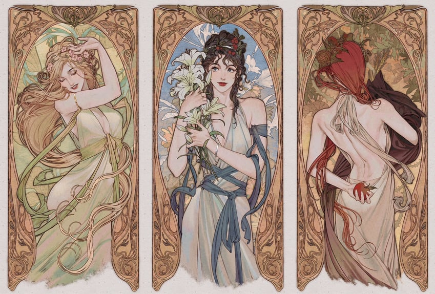 thallo, carpo, and auxo (greek mythology) drawn by eliza_fox