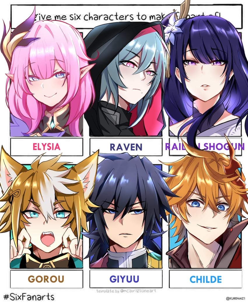 raiden shogun, elysia, tartaglia, gorou, tomioka giyuu, and 1 more (genshin impact and 4 more) drawn by kurenaiz_(kuayrenaiz)