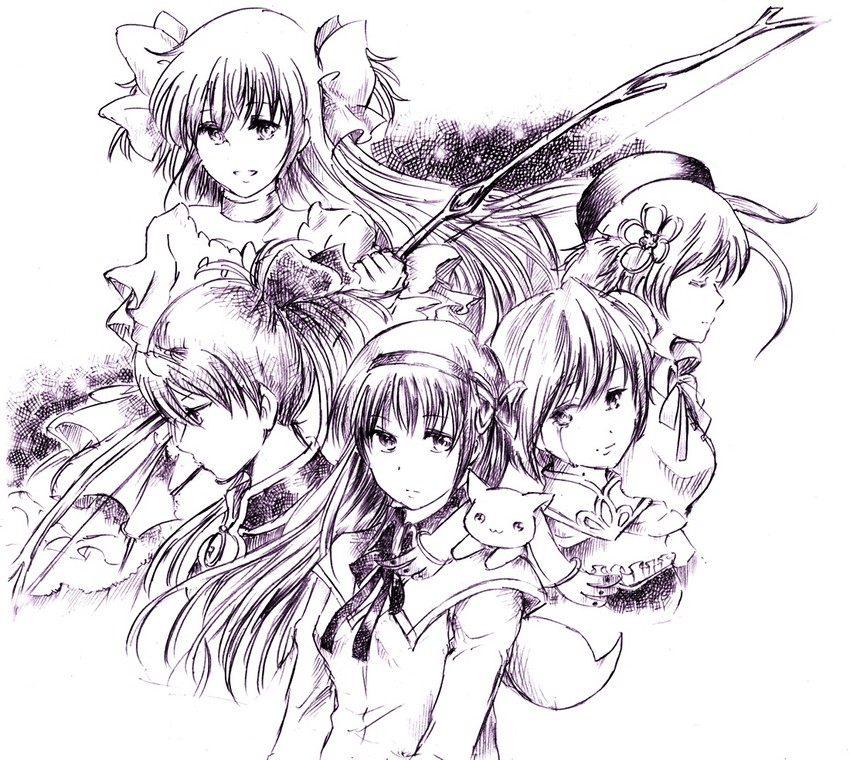 akemi homura, kaname madoka, miki sayaka, sakura kyoko, tomoe mami, and 2 more (mahou shoujo madoka magica) drawn by aphananthe