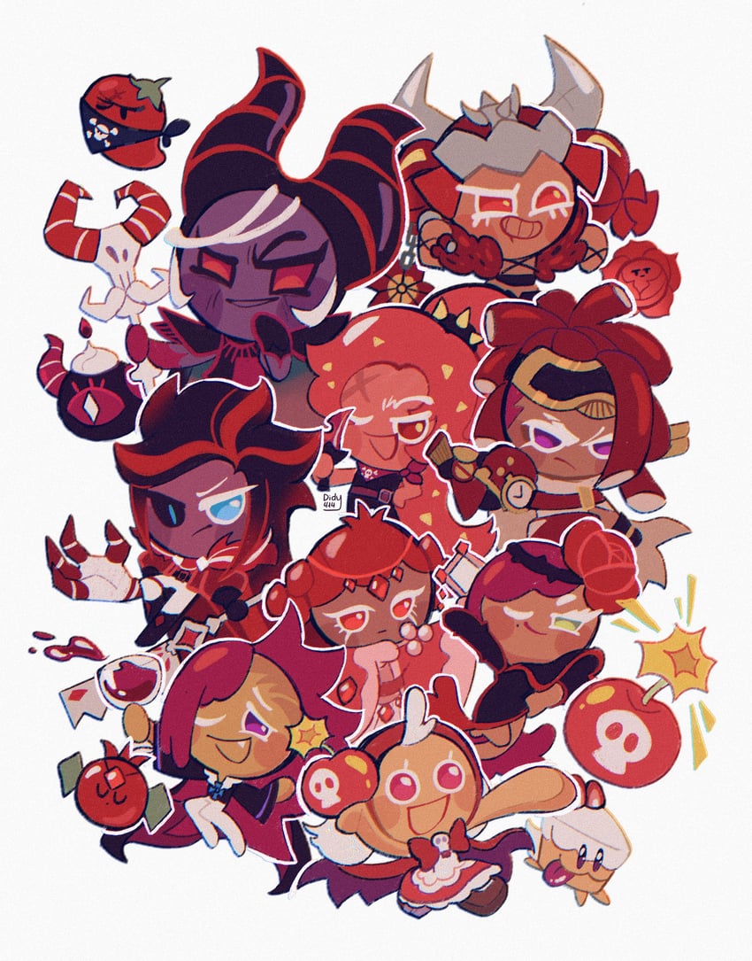 vampire cookie, cake hound, red velvet cookie, pomegranate cookie, cream cake hound, and 10 more (cookie run and 2 more) drawn by didy414