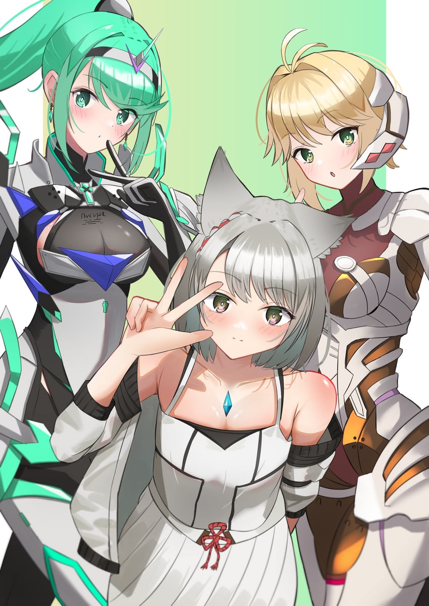 mio, pneuma, fiora, and mecha-fiora (xenoblade chronicles and 3 more) drawn by eteko_(eteco30)