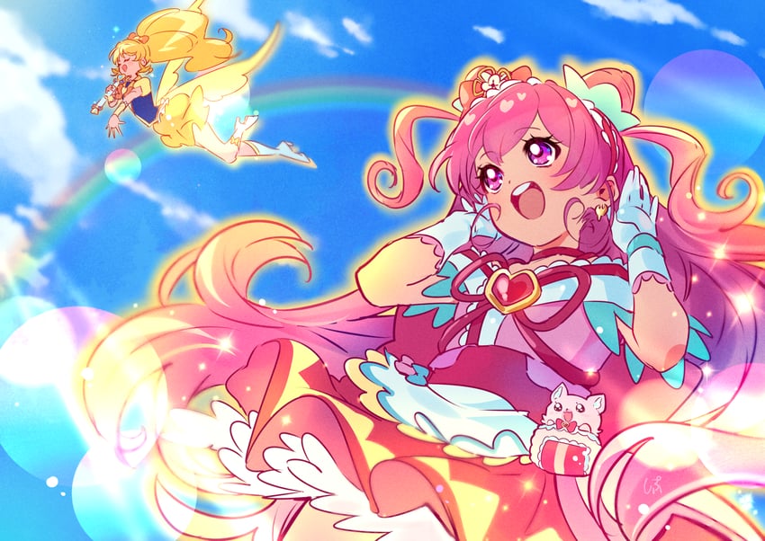 oomori yuuko, nagomi yui, cure honey, cure precious, and kome-kome (precure and 2 more) drawn by shipu_(gassyumaron)