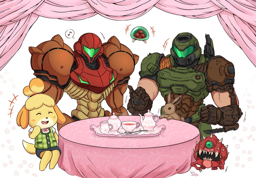 samus aran, isabelle, metroid, metroid larva, doomguy, and 2 more (metroid and 3 more) drawn by wakaba_(wata_ridley)