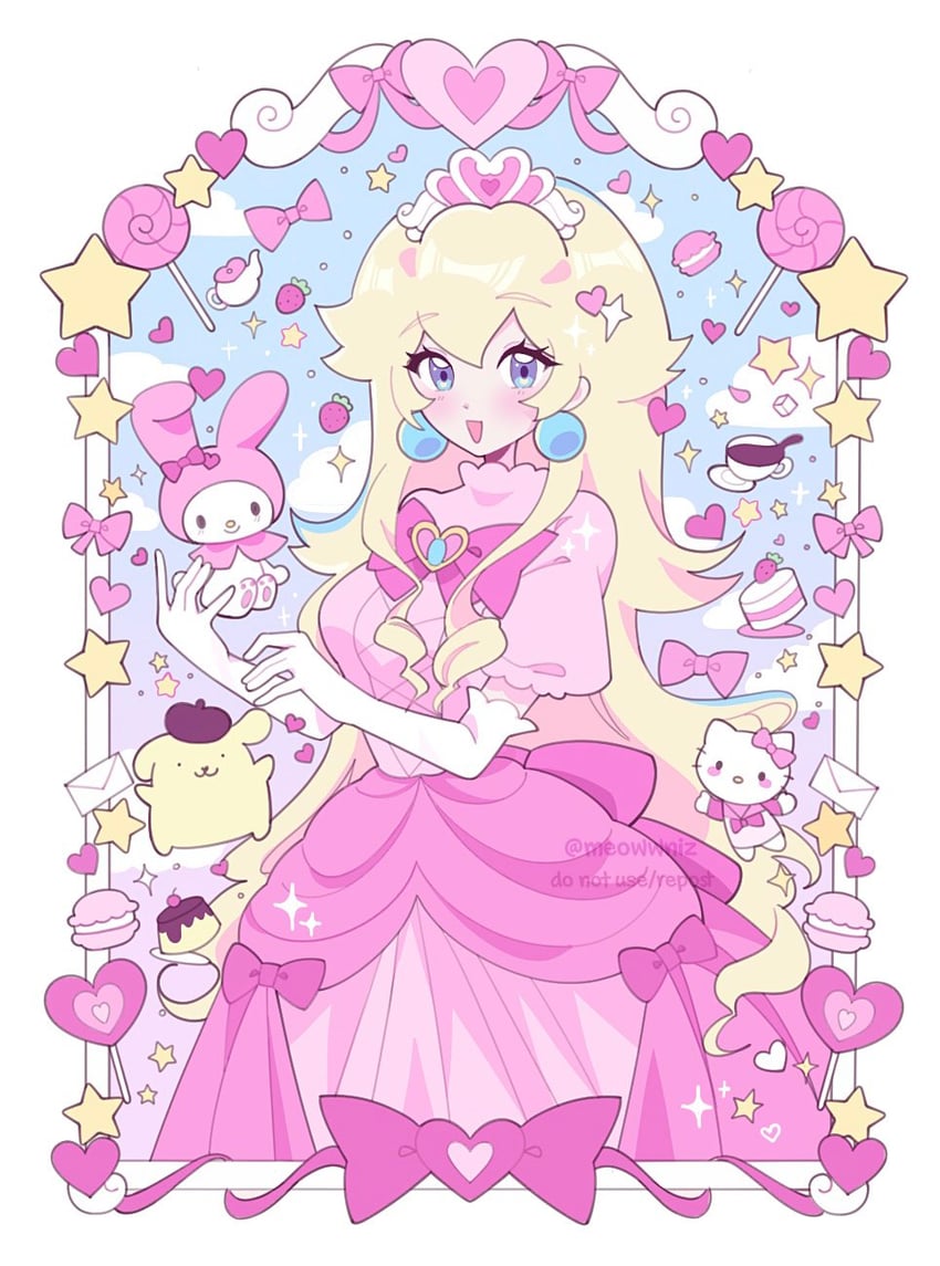 princess peach, my melody, hello kitty, and pompompurin (mario and 3 more) drawn by meowwniz