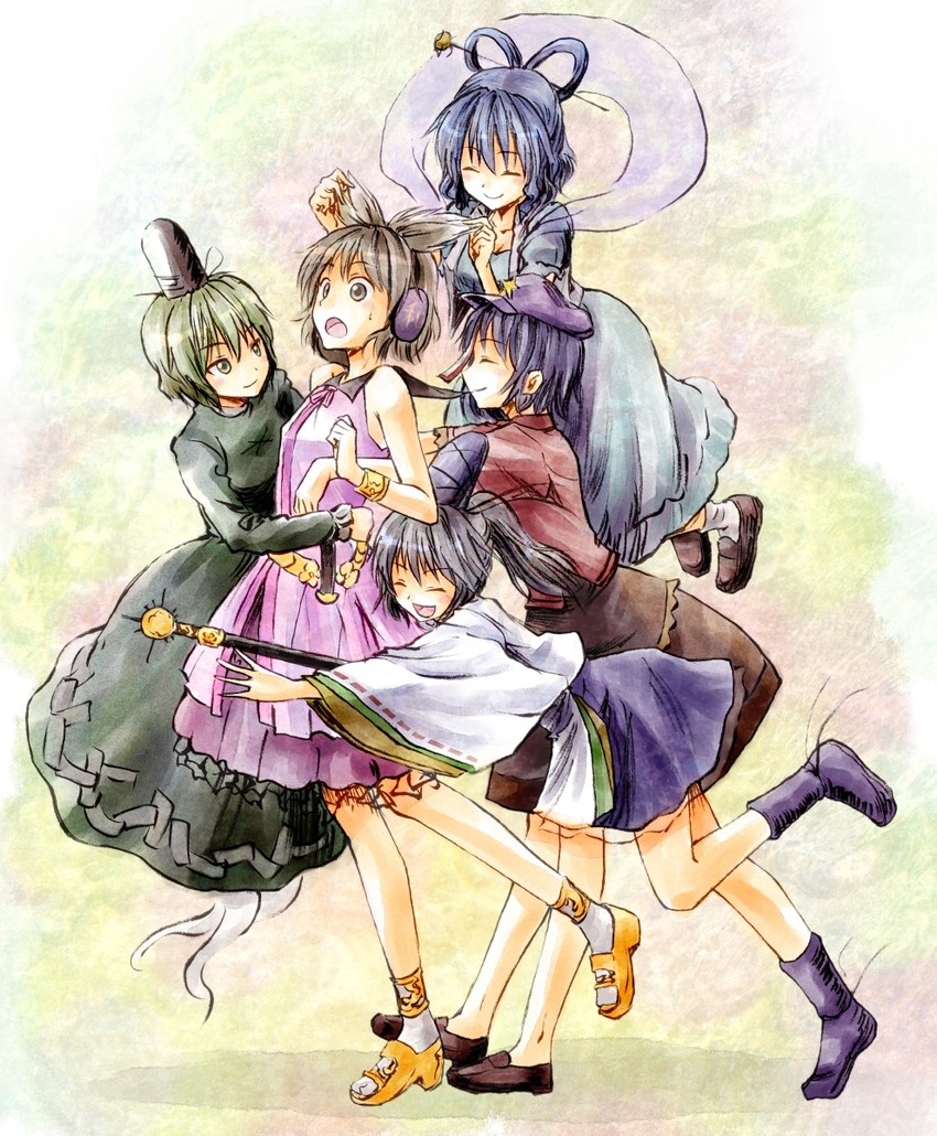 toyosatomimi no miko, mononobe no futo, kaku seiga, miyako yoshika, and soga no tojiko (touhou and 1 more) drawn by shimada_(simada_bu)
