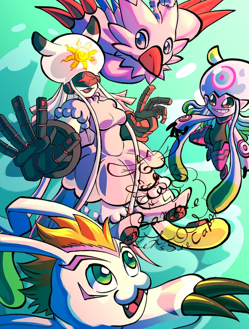 gomamon, piyomon, jellymon, and thetismon (digimon) drawn by capri_(letsseecapri)