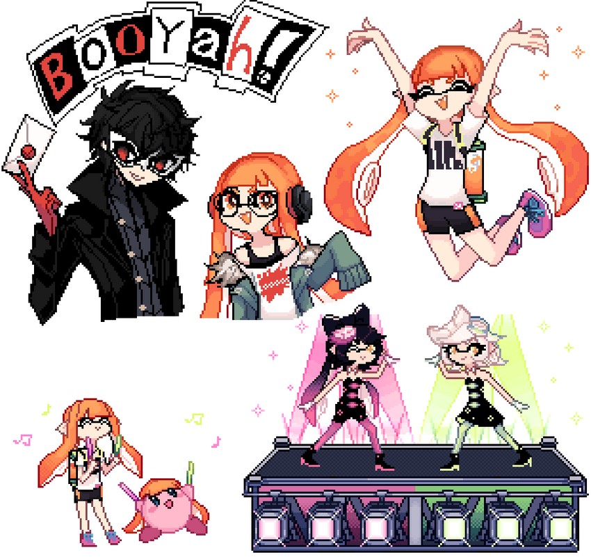 inkling player character, inkling girl, kirby, amamiya ren, callie, and 4 more (persona and 4 more) drawn by charamells