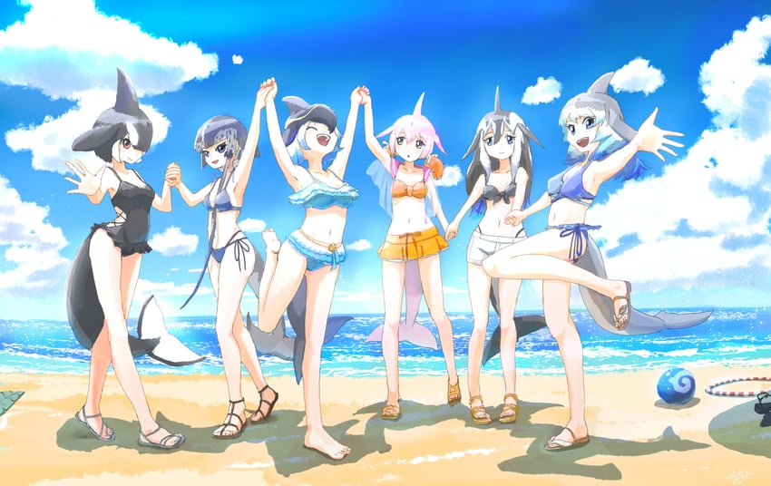 common dolphin, common bottlenose dolphin, narwhal, chinese white dolphin, orca, and 1 more (kemono friends and 1 more) drawn by karu_wacame