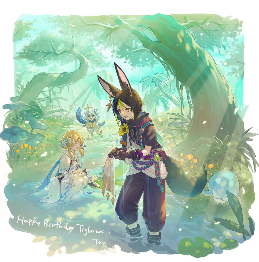 lumine, paimon, tighnari, and fungi (genshin impact) drawn by tou_(63289850)