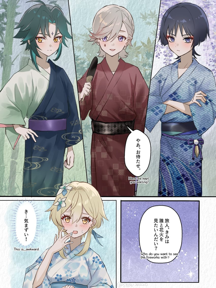 lumine, scaramouche, xiao, and lyney (genshin impact) drawn by snow20200