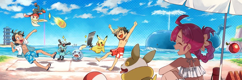 pikachu, ash ketchum, goh, yamper, riolu, and 3 more (pokemon and 1 more) drawn by sasairebun