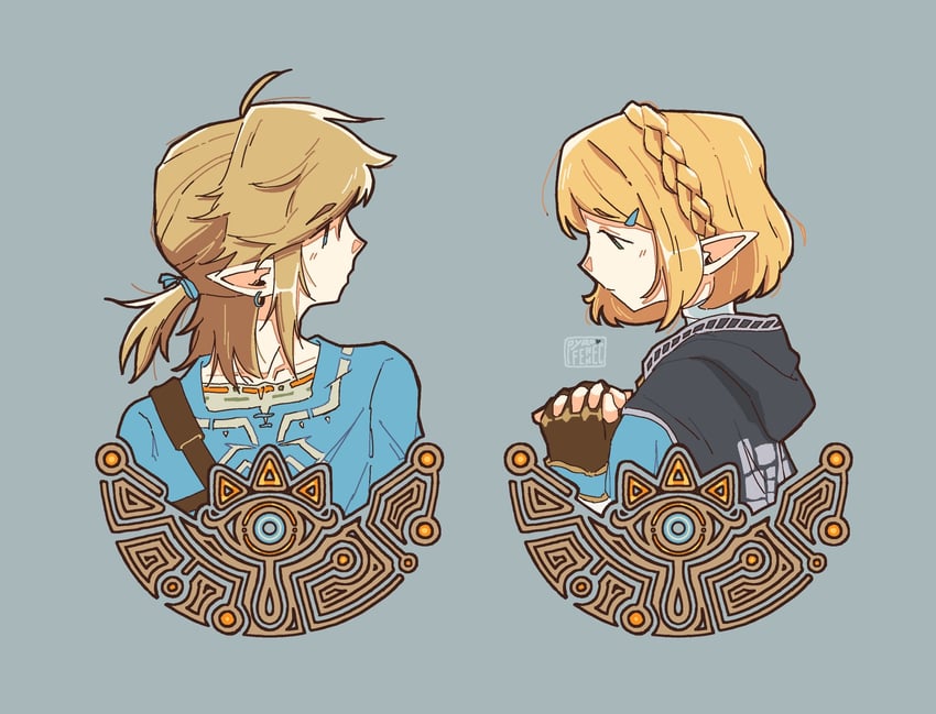 link and princess zelda (the legend of zelda and 1 more) drawn by aki_lin